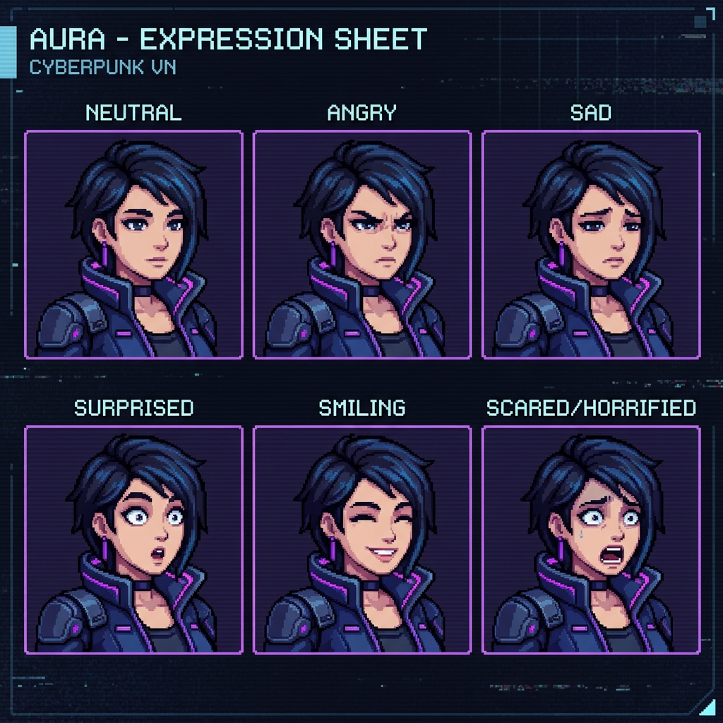 Aura expression sheet showing 6 facial expressions: neutral, angry, sad, surprised, smiling, and scared — cyberpunk visual novel pixel art
