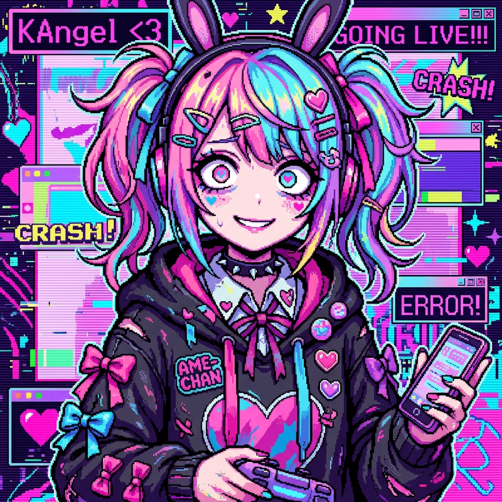 KAngel — internet streamer character portrait in glitch pop pixel art style, pink and cyan palette with digital noise