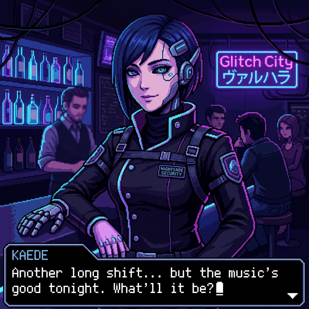Kaede — cyberpunk security officer character portrait in neon-noir pixel art style, moody purple and blue bar lighting