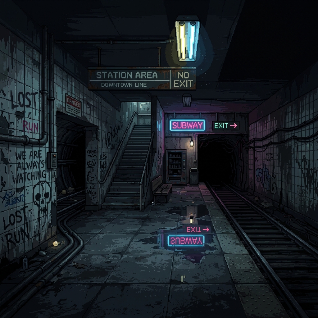 Abandoned subway station pixel art background — flickering lights, wet concrete, neon signs, graffiti, horror atmosphere