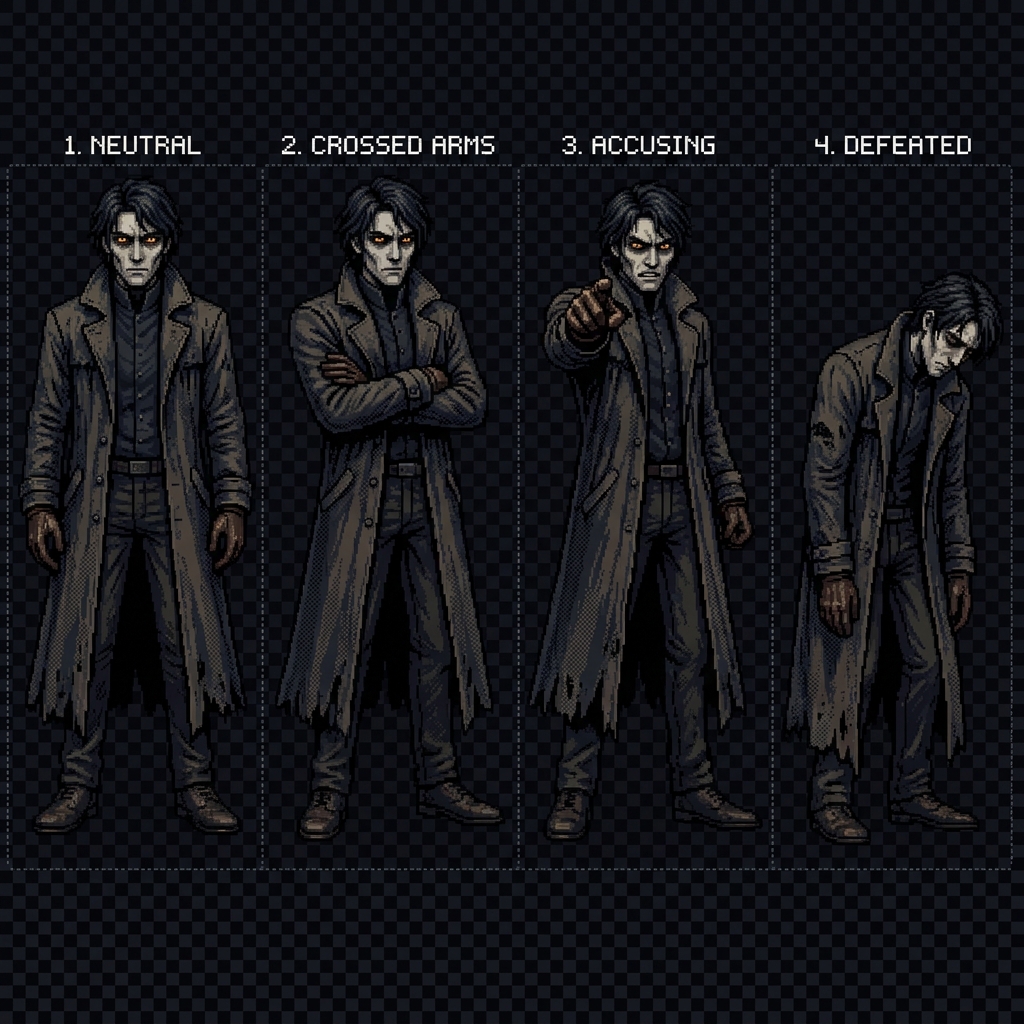 Character pose sheet showing 4 poses: neutral standing, crossed arms, accusing point, and defeated slump — dark trenchcoat horror character pixel art