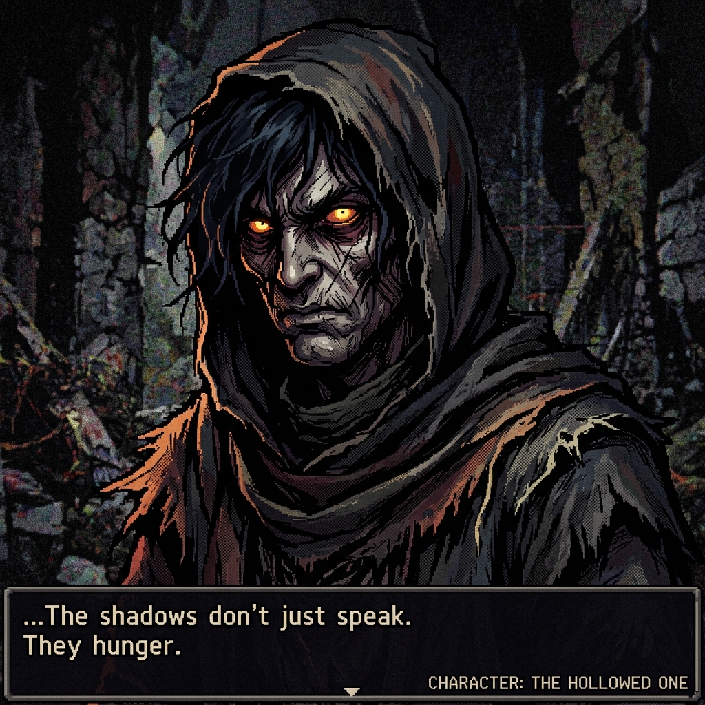 The Hollowed One — hooded horror character portrait in dark visceral pixel art style, amber glowing eyes